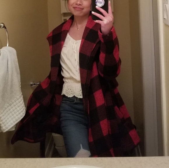 MADDEN Red Plaid Belted Trench Coat - Picture 4 of 4